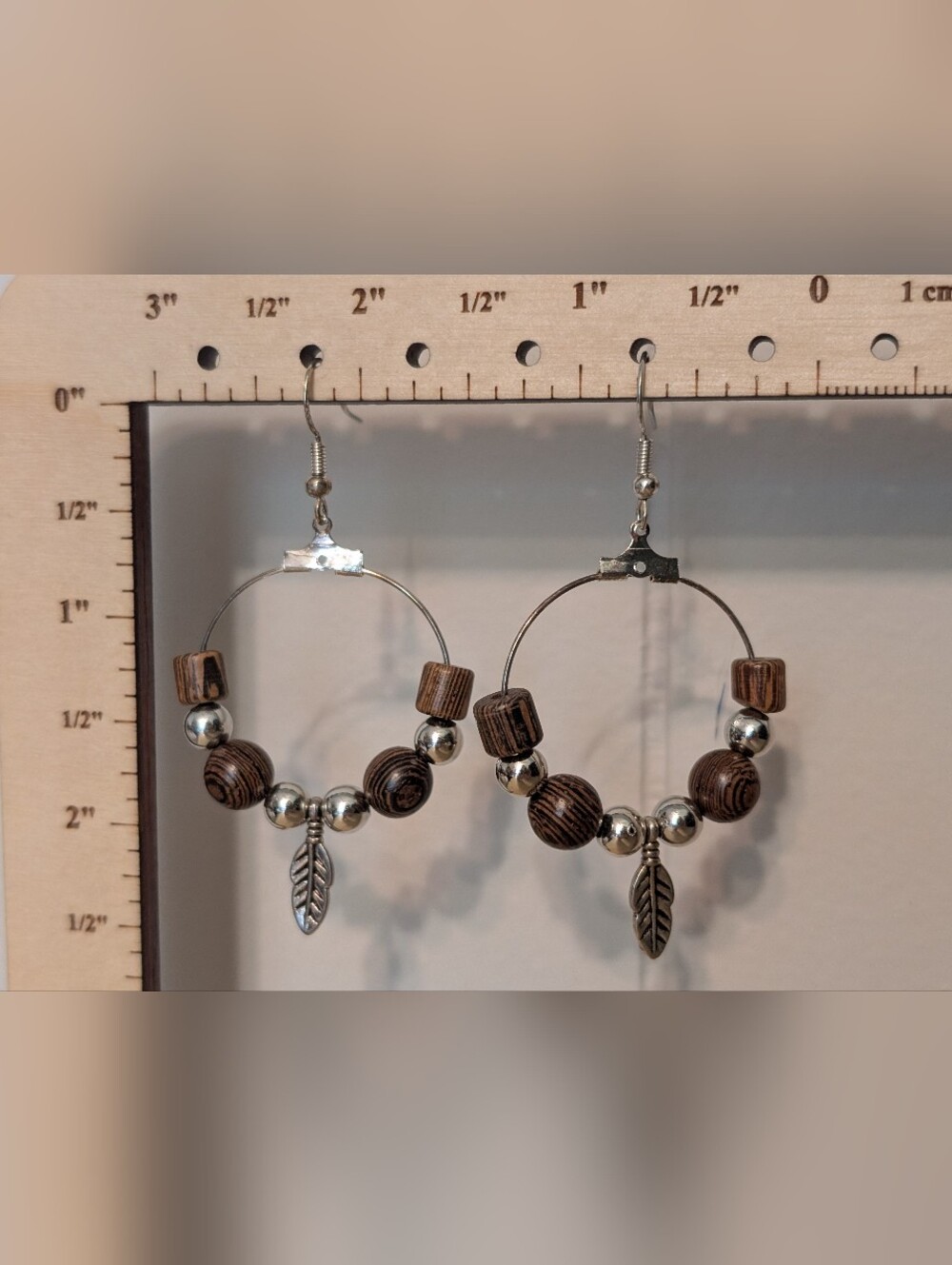 Hand Crafted Brown & Silver Wooden Bead Hoop Earrings with Leaf Charm